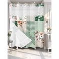 thumbnail image 2 of No Hook Shower Curtain with Snap-in Liner, Boho Spring Floral Waterproof Fabric Bathroom Curtains, Retro Flowers Plants Patchwork Grid Green Bath Curtains & Mesh Top Window 66"x72", 2 of 9