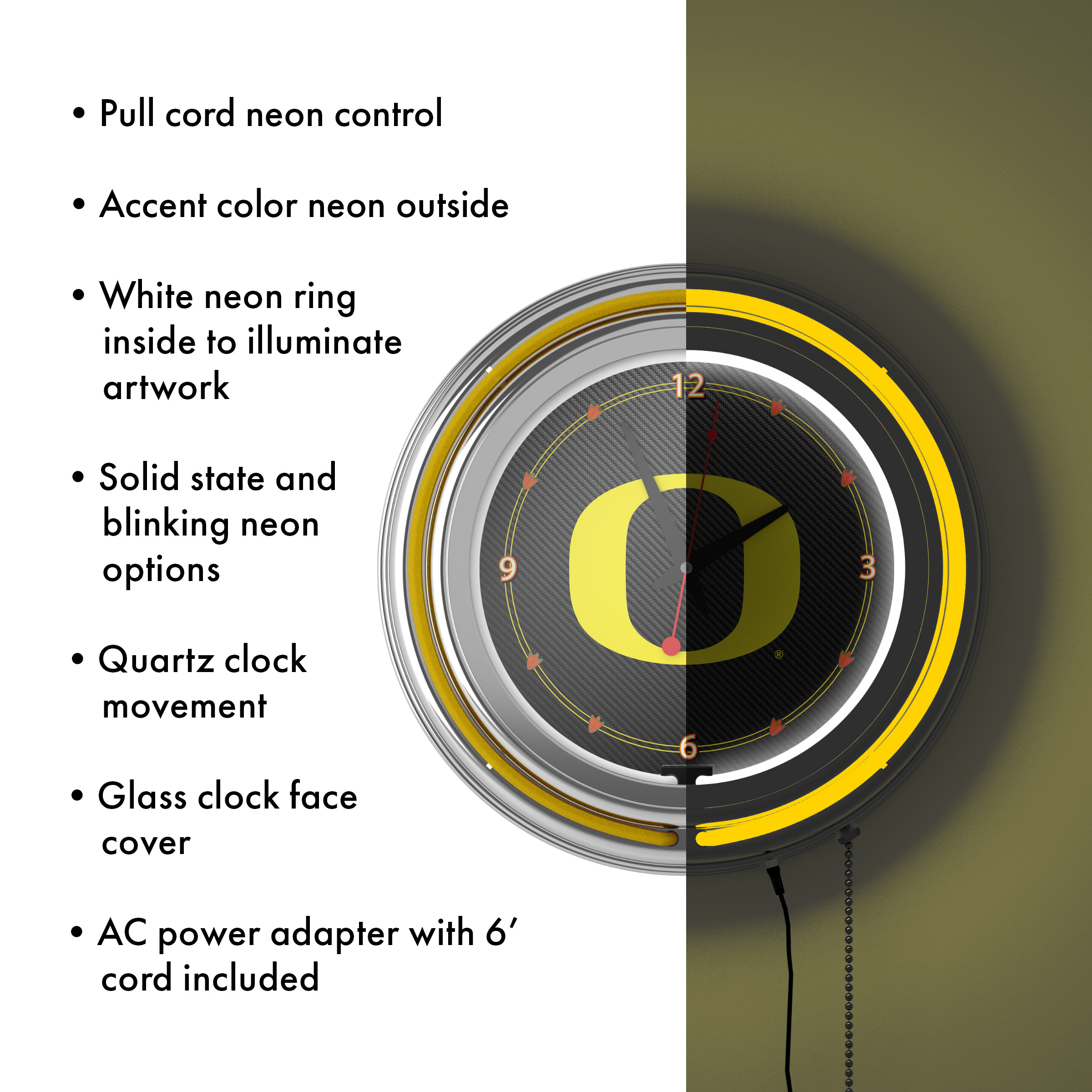 University of Oregon Chrome Double Rung Neon Clock - Carbon Fiber - image 4 of 6