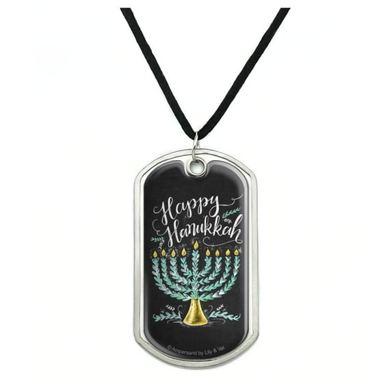 Happy Hanukkah Menorah Military Dog Tag Pendant Necklace with Cord