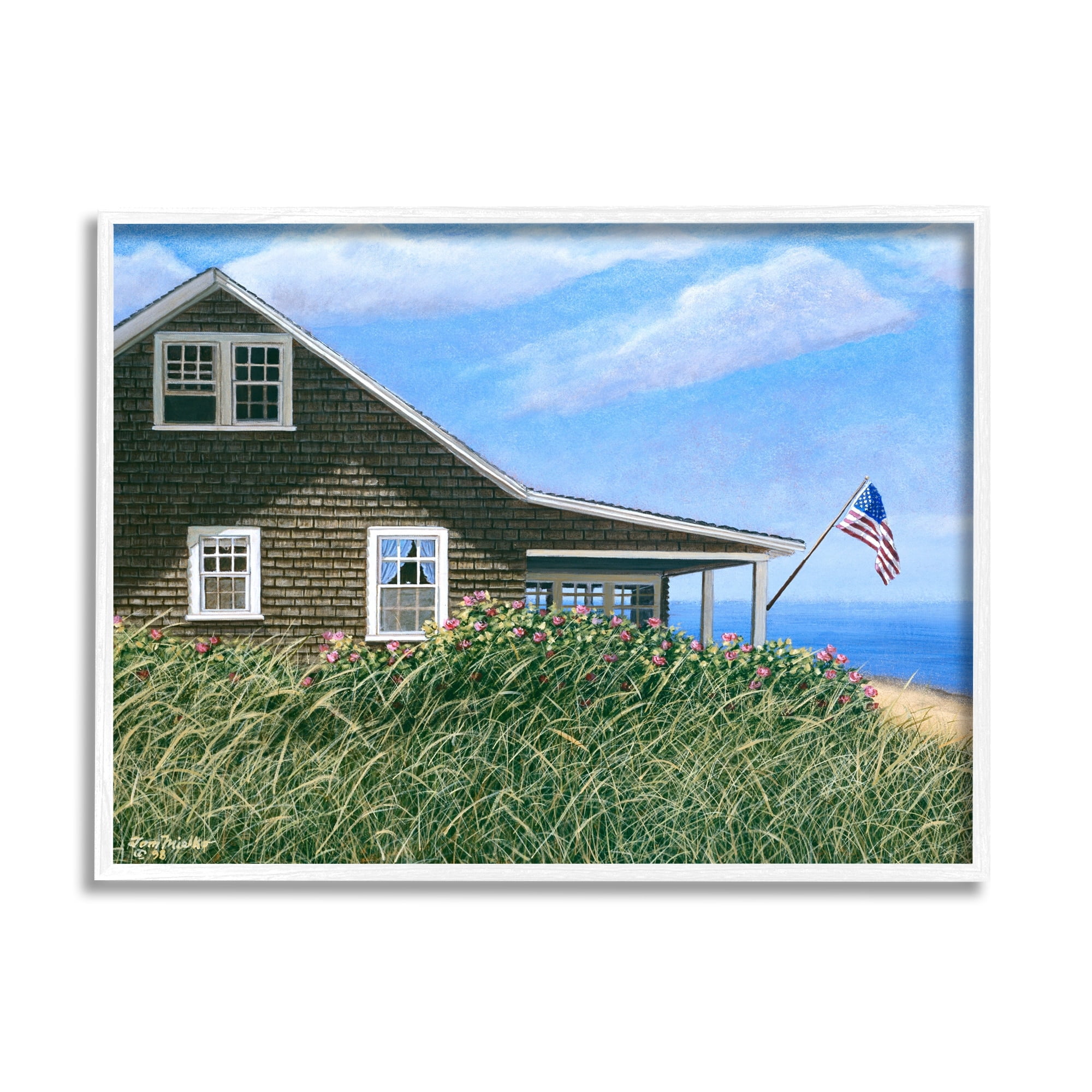 Stupell Industries Seaside House American Flag Peaceful Coastal Home Painting White Framed Art Print Wall Art, Design by Tom Mielko