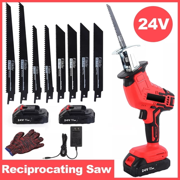 MYJTOPUS 24V Cordless Sawzall, Electric Reciprocating Saw with 2 Batteries & Charger & Glove & 8 Blades,Red