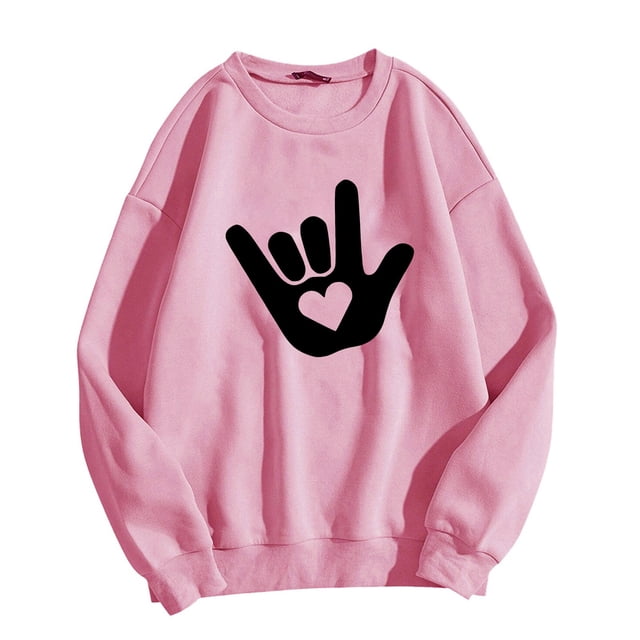 Bmisegm Women Saint-Valentin Simple et à la Mode Je t'Aime Geste Imprimé Col Rond Manches Longues Chandail en Molleton Sans Capuche Décontracté pour Women Rose m