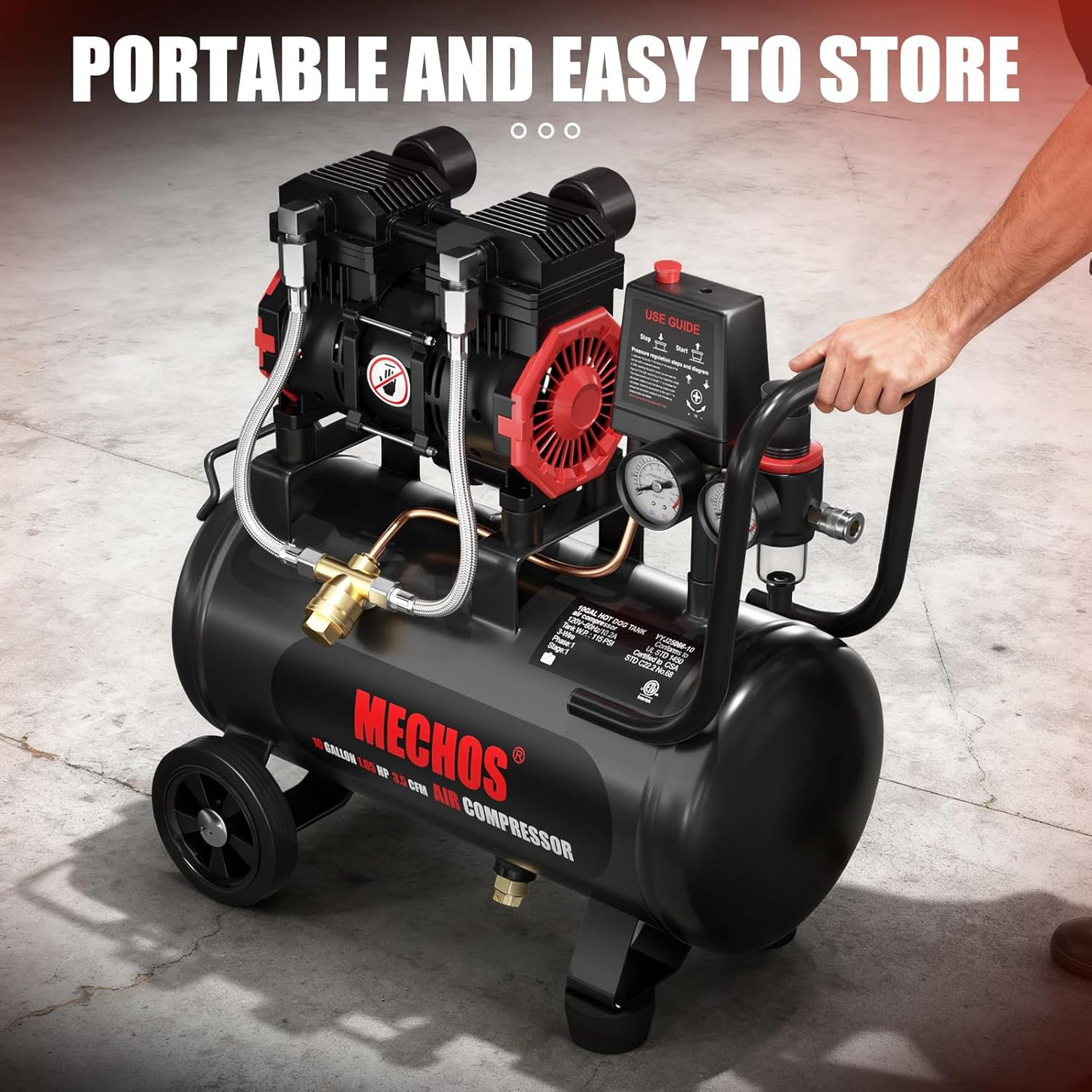 1.65 HP 110V Portable 116 Max PSI Oil-Free Air Compressor with 10 Gallon Steel Tank for Garage Tire Inflation