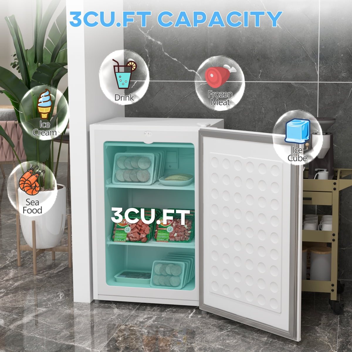 3.0 Cubic Feet Compact Upright Freezer Reversible Single Door Adjustable Thermostat Small Freezer for Home Dorm Apartment Office White
