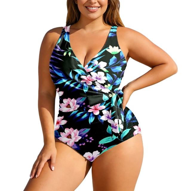 PMVFHDE Plus Size Swimsuit For Women Floral High Waist Tankini Adjustable For Full Coverage
