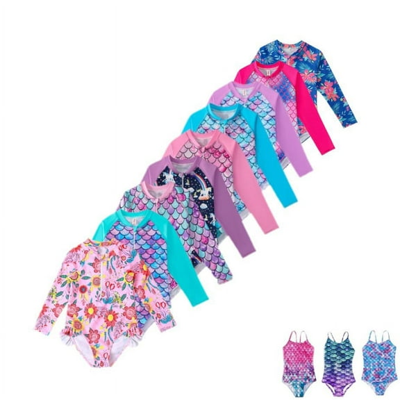 Uccdo Toddler Girls One-Piece Swimsuit Rashguard Swimwear Kids Long Sleeve Zipper Bathing Suit 2-7T