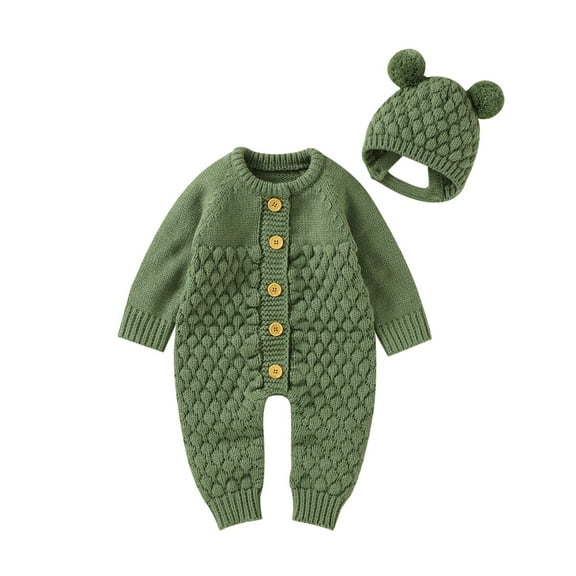 Musuos Infant Baby 2PCS Winter Outfits, 3 6 12 18M Long Sleeve Solid Color Knitted Romper Bear Hat Set