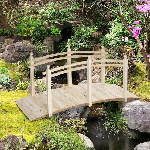 7.5' Fir Wood Garden Bridge Arc Walkway with Side Railings, Perfect for Backyards, Gardens, & Streams