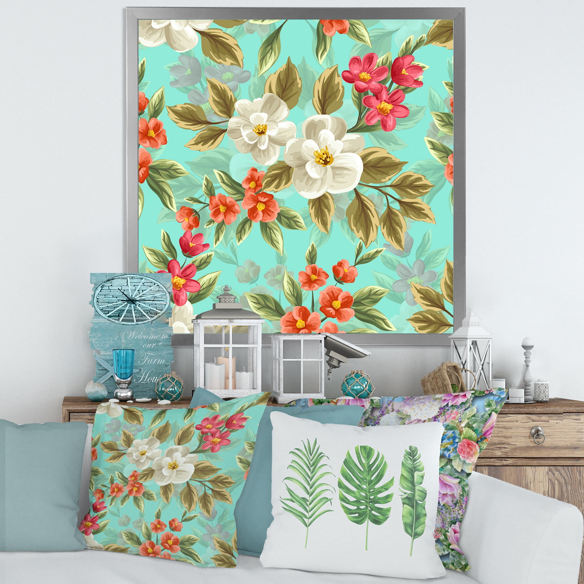 Designart 'Red and White Floral Seamless Pattern' Traditional Framed Art Print