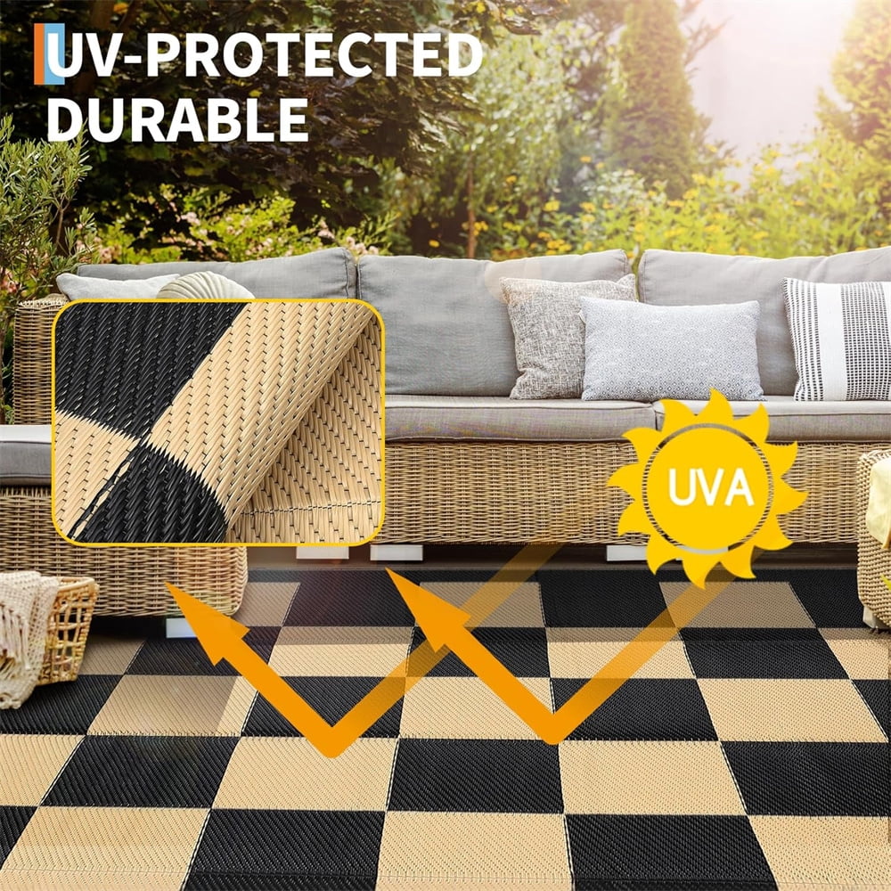 Outdoor Rugs 8x10ft/9x12ft Plaid Reversible Plastic Straw Rugs, Easy Cleaning Checkered Camping Carpet, Lightweight Outside Floor Mat for Picnic, Patio, RV, Porch, Deck, Balcony, Beach