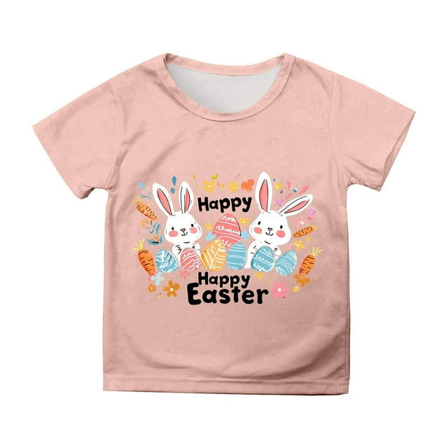 MIASHUI Happy Easter T shirt Boys Girls Rabbit Graphic Printed Tee Casual Short Sleeve Tops,Light Pink,3-4 Years