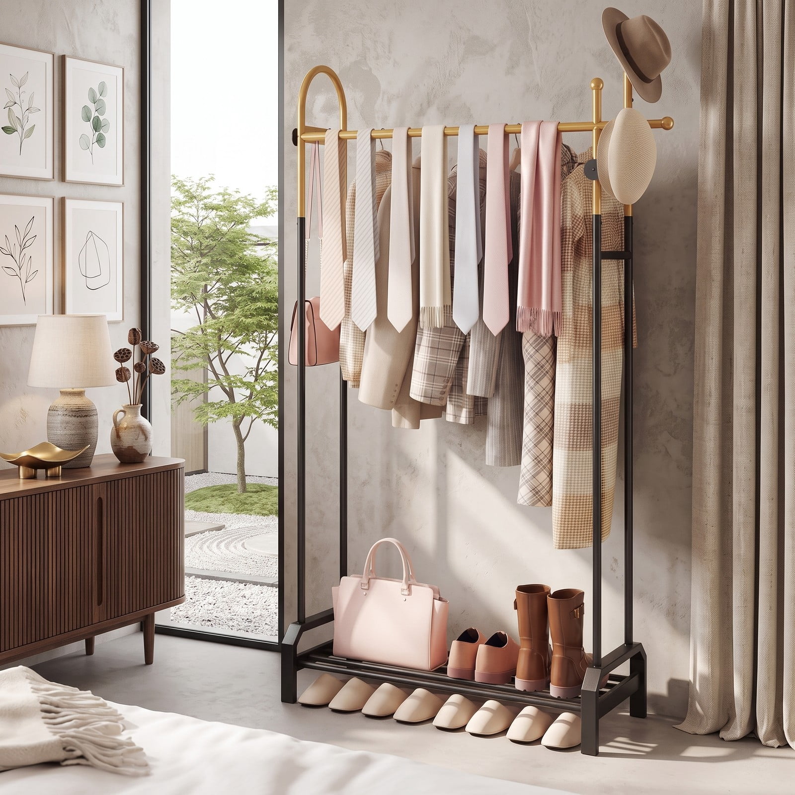 Furnibear Double Rod Garment Rack with 5 Side Hooks and Bottom Shelf for Bedroom Laundry Room and Closet, Gold and Black