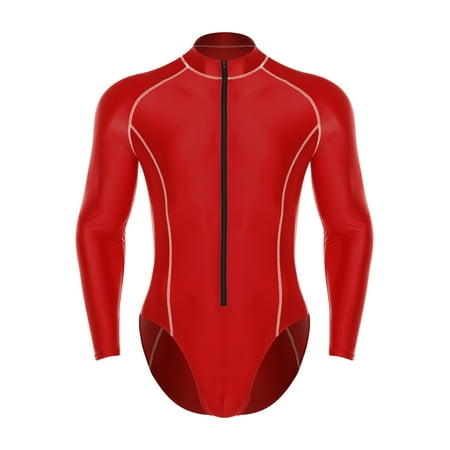 Sholeno Mens Zip Mock Neck Long Sleeve Glossy Workout Leotards Sports Fitness Swimming Surfing Jumpsuit Red 4XL