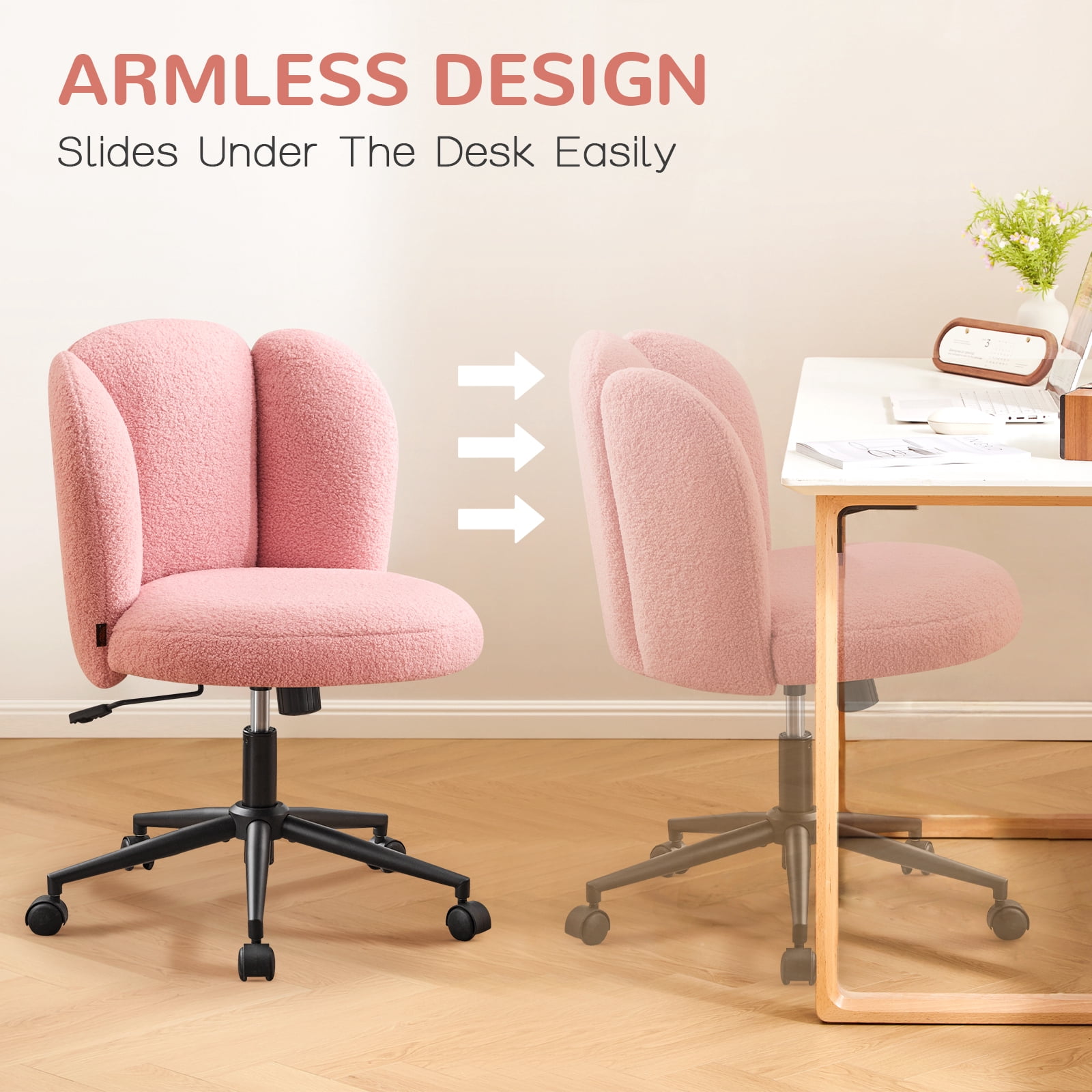 Furniliving Modern Upholstered Home Office Chair with Cloud Shaped Backrest, Cute Armless Vanity Chair, 360° Swivel Height Adjustable Desk Chair, Computer Task Chair for Bedroom, Pink