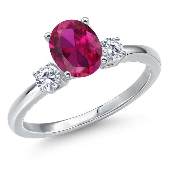 Gem Stone King 14K White Gold Red Created Ruby and Moissanite Engagement Ring for Women | 1.55 Cttw | Oval 8X6MM | Gemstone July Birthstone | Size 6