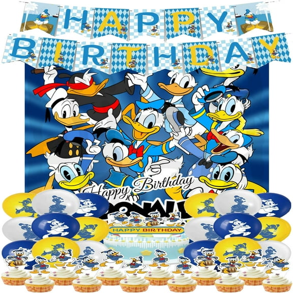 Donald Duck Party Supplies Pack Includes， Banner， Backdrop, Cake Topper，Balloons for Donald Duck party Decoration