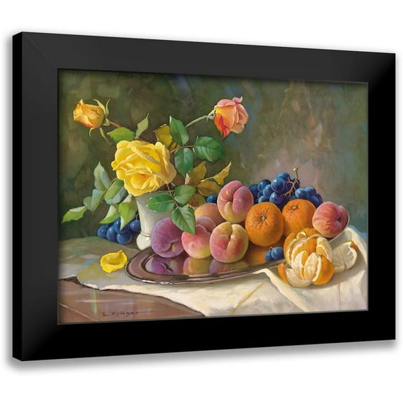 Krueger, E. 14x12 Black Modern Framed Museum Art Print Titled - YELLOW ROSE AND FRUITS