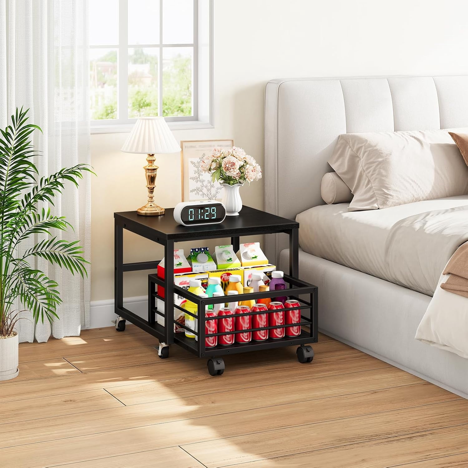 Mini Fridge Stand with Movable Storage Basket, Mini Fridge Cabinet with Wheels and Adjustable Feet, Sturdy Metal Frame, for Home, Apartment,Office, Dorm