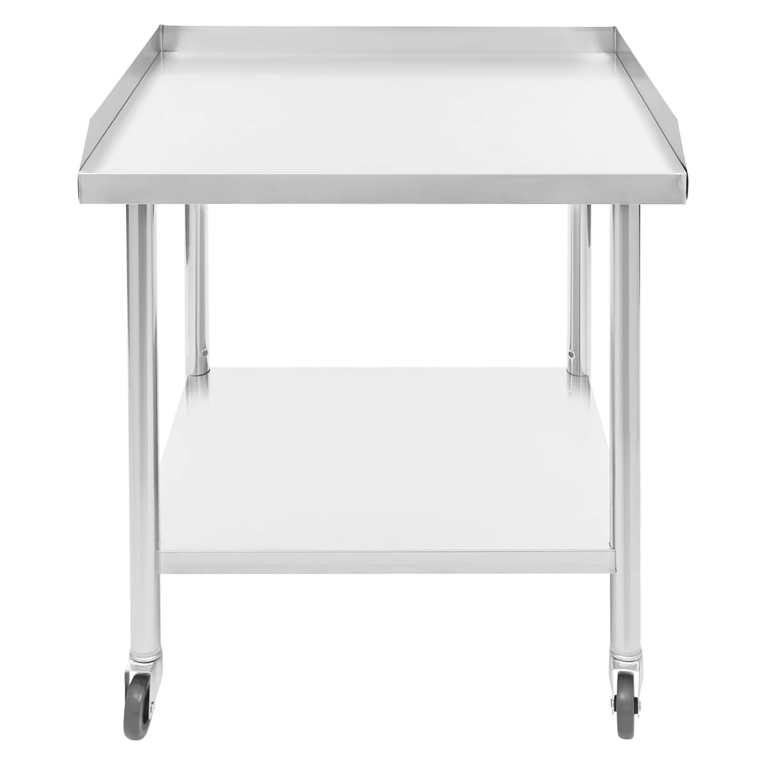 Stainless Steel Work Table, 2-Tier Heavy Duty Work Table, 3-Sided Backsplash Commercial Food Prep Table with Wheels, Metal Work Table for Restaurant Home Hotel (23.6 x 23.6 x 29.92 Inch)