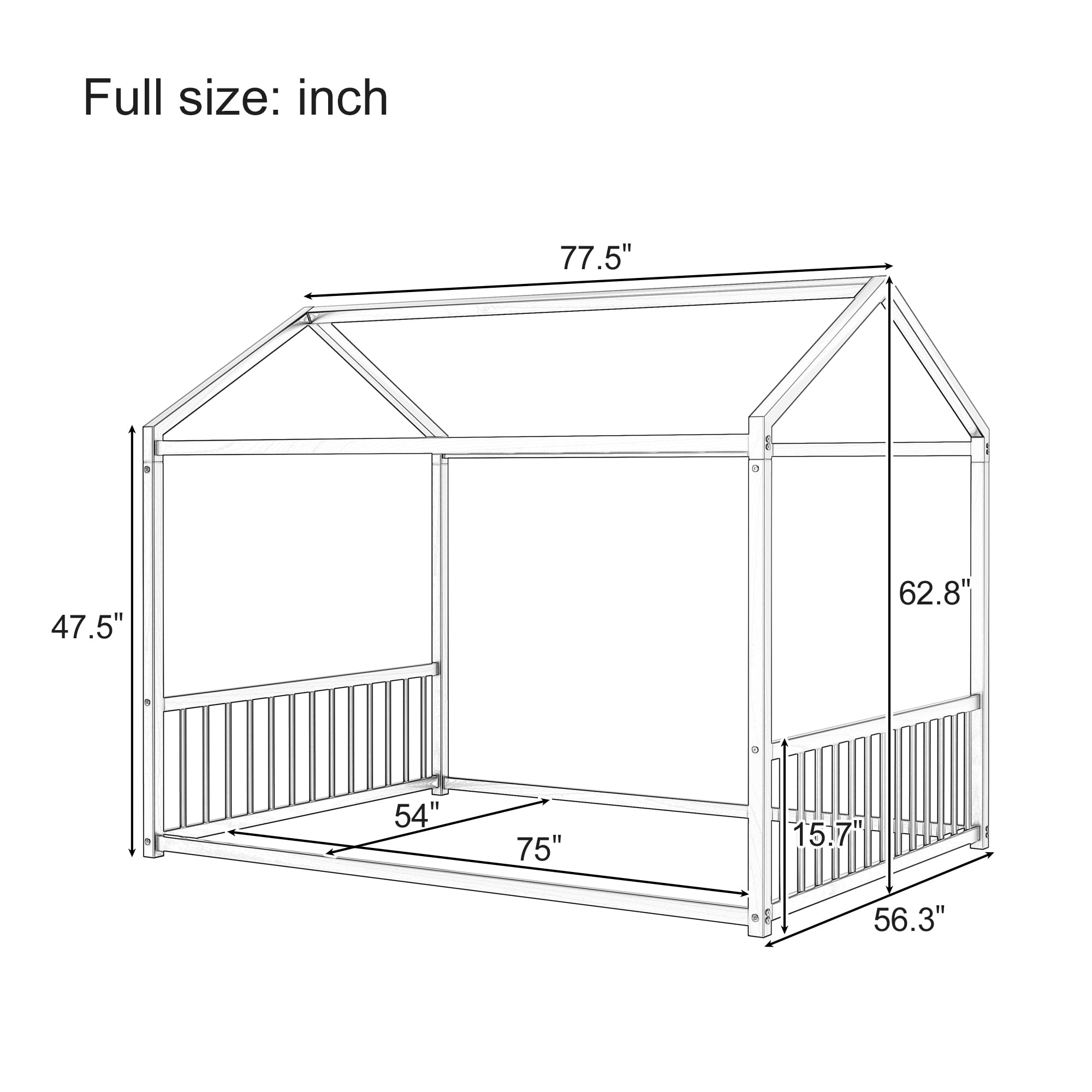 Euroco Metal Full Size Canopy Bed, Low Profile House Bed with Guardrails, Black