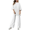 thumbnail image 6 of WTOBBY Women's Loose Fashion Solid Color Split Hem Round Neck Short Sleeve Top and Long Pants Two Piece Casual Summer Set for Women,White 2XL, 6 of 6