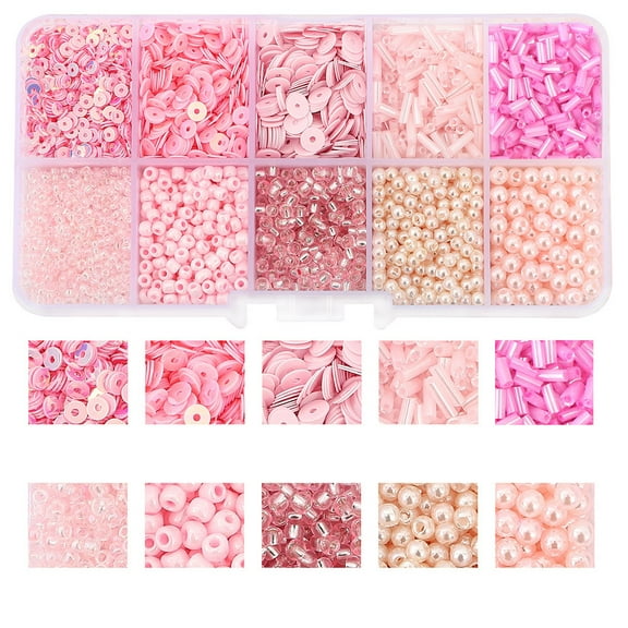 1 Box of Mixed Craft Beads Assorted Size Glass Seed Beads Bugle Beads Tube Beads Jewelry Accessories Beads for DIY Arts Crafts Sewing Clothing Jewelry Making Pink
