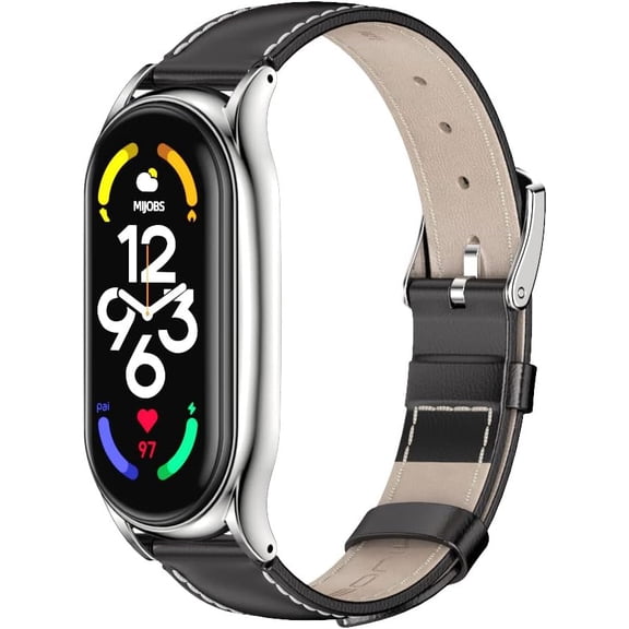 KOMI Strap for Xiaomi Mi Band 9 Mi Band 8, Mi Band 7 Genuine Leather Replacement Strap Watch Wrist Band Smart Bracelet Accessories for Xiaomi Mi 6 5 Fit Band Black Sliver