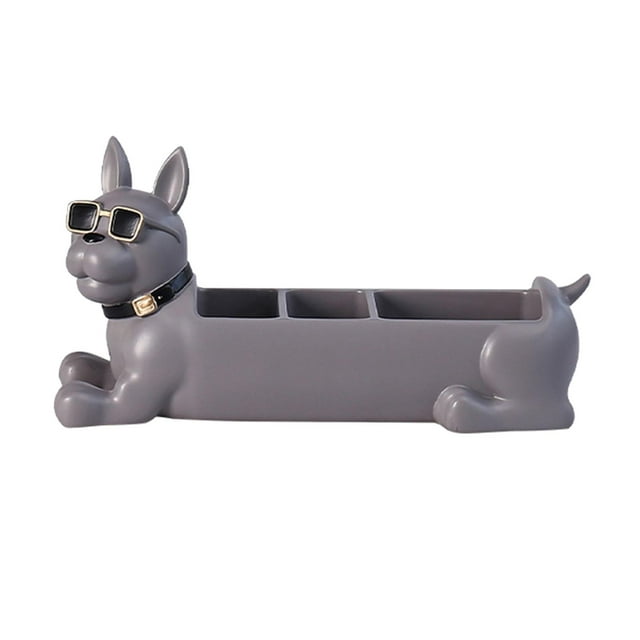 Organizador de escritorio, contenedor de baratijas, escultura de bulldog, soporte para joyas para dormitorio Gris