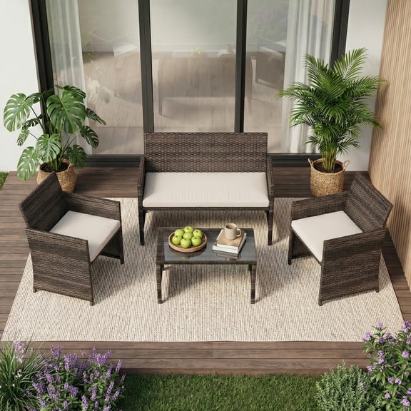 4-Piece Patio Furniture Set, PE Rattan Outdoor Conversation Set with Cushions & Tempered Glass Table, All-Weather Wicker Patio Table and Chairs Set for Patio, Porch, Backyard, Brown and Beige