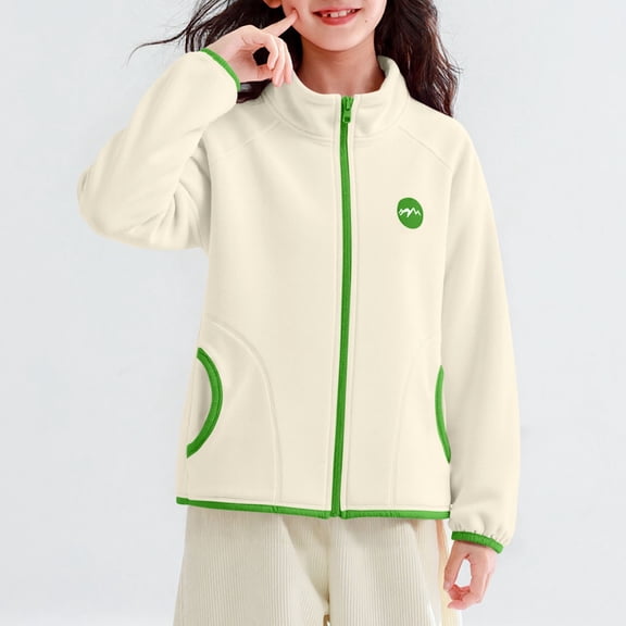 White Girls Fleece Jacket - 100% Polyester Machine Washable Cozy Lightweight Full Zip Stand-Up Collar Elastic Cuffs Side Pockets Relaxed Fit Sizes 4-15,Size 11-12 T