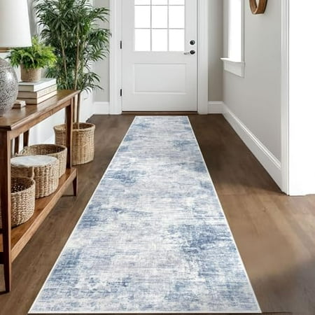 Abstract Runner Rug 2x10 Ft Washable Runners for Hallways Non Slip Kitchen Runner Printed Faux Wool Entryway Runner Indoor Modern Abstract Floor Carpet for Hall Kitchen Light Blue White