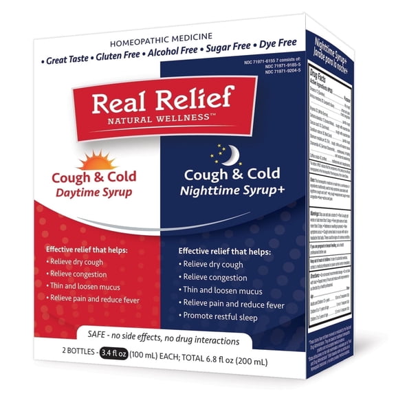 Real Relief Cough & Cold Syrup Daytime & Nightime Formulas, Gluten & Dye Free, No Added Sugar, 2 x 3.4oz