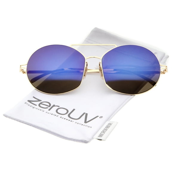 zeroUV Unisex Modern Thin Metal Frame Brow Bar Colored Mirror Lens Round Sunglasses 59mm (Gold / Blue Mirror) - 59mm