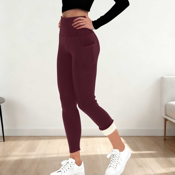 PiGOGI Fashion Women Casual Solid Color Yoga Trousers Pockets Warm High Waist Long Lounge Pants for Women Wine XL