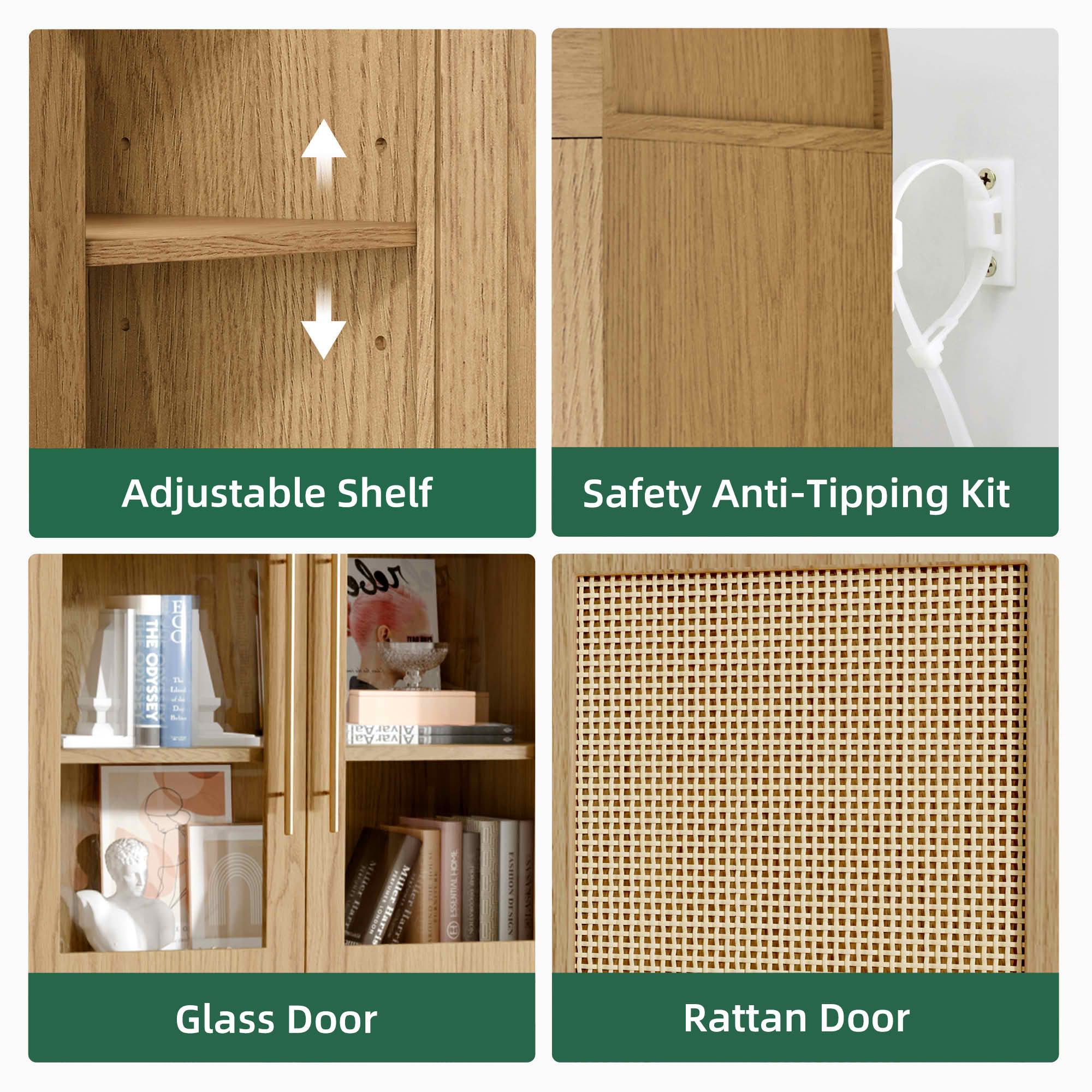MAYEERTY 63" Oak Arch Cabinet with Glass Doors, for Home Office Living Room