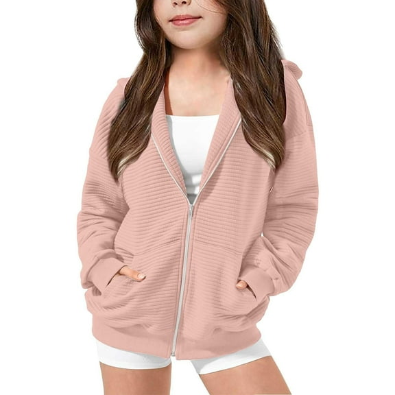 XEGLSBU Girls Zip up Hoodies Full-Zip Solid Color Hood Jacket with Casual Fall Hoodie with Pockets for Toddler and Teen Pink Size 9-10 Years