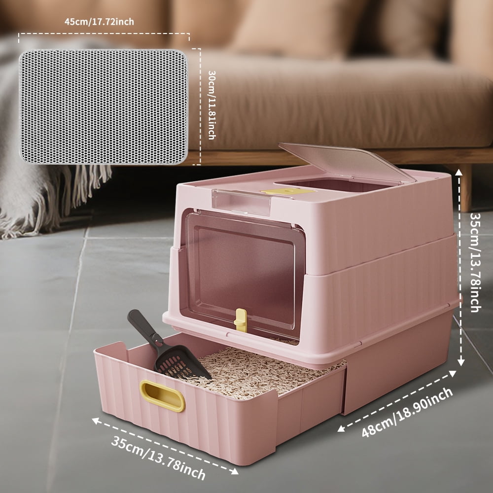 Cat Litter Box + Mat, Drawer-Style Enclosed Large Odor-Control Kitty Toilet with Pull-Out Tray, for Kittens, Big Cats & Multi-Cat Homes, Pink