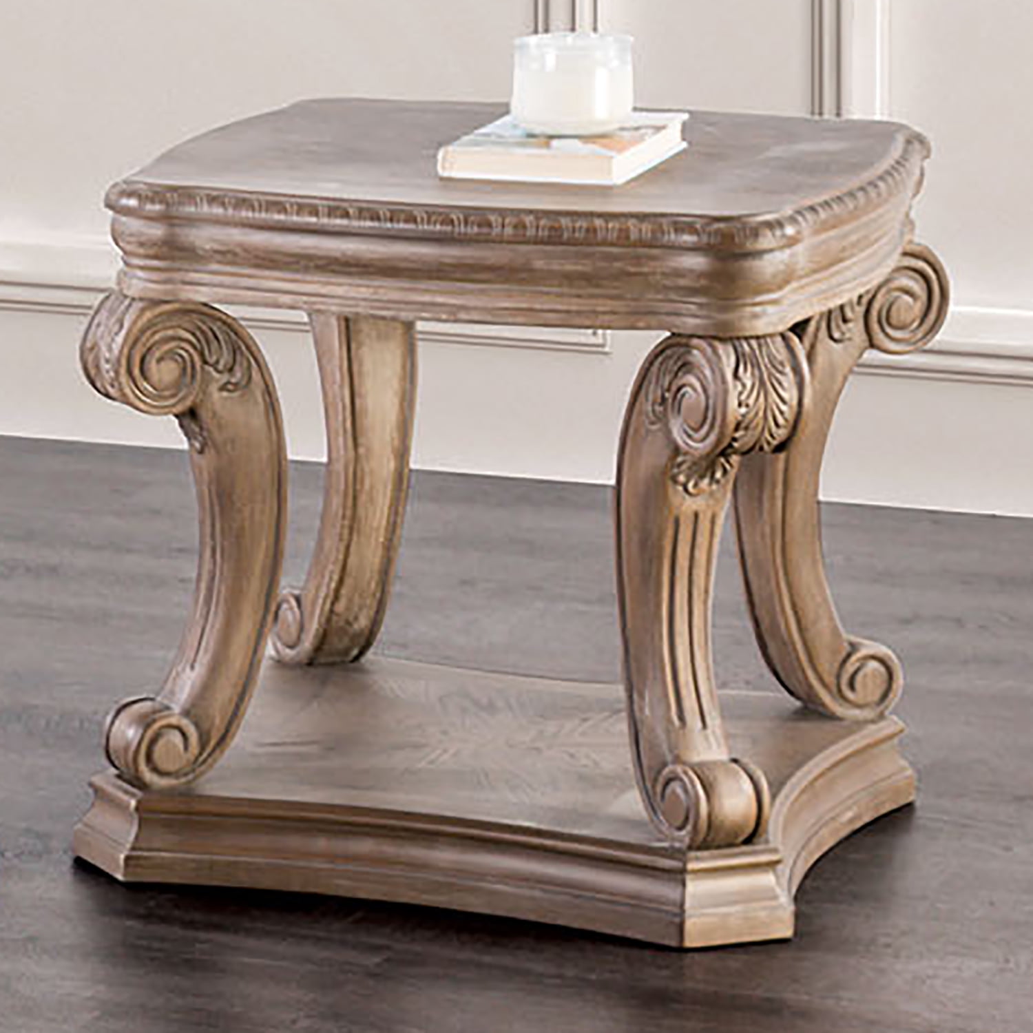 Furniture of America Protude Traditional Solid Wood 26-inch End Table with Bottom Shelf, Weathered Oak