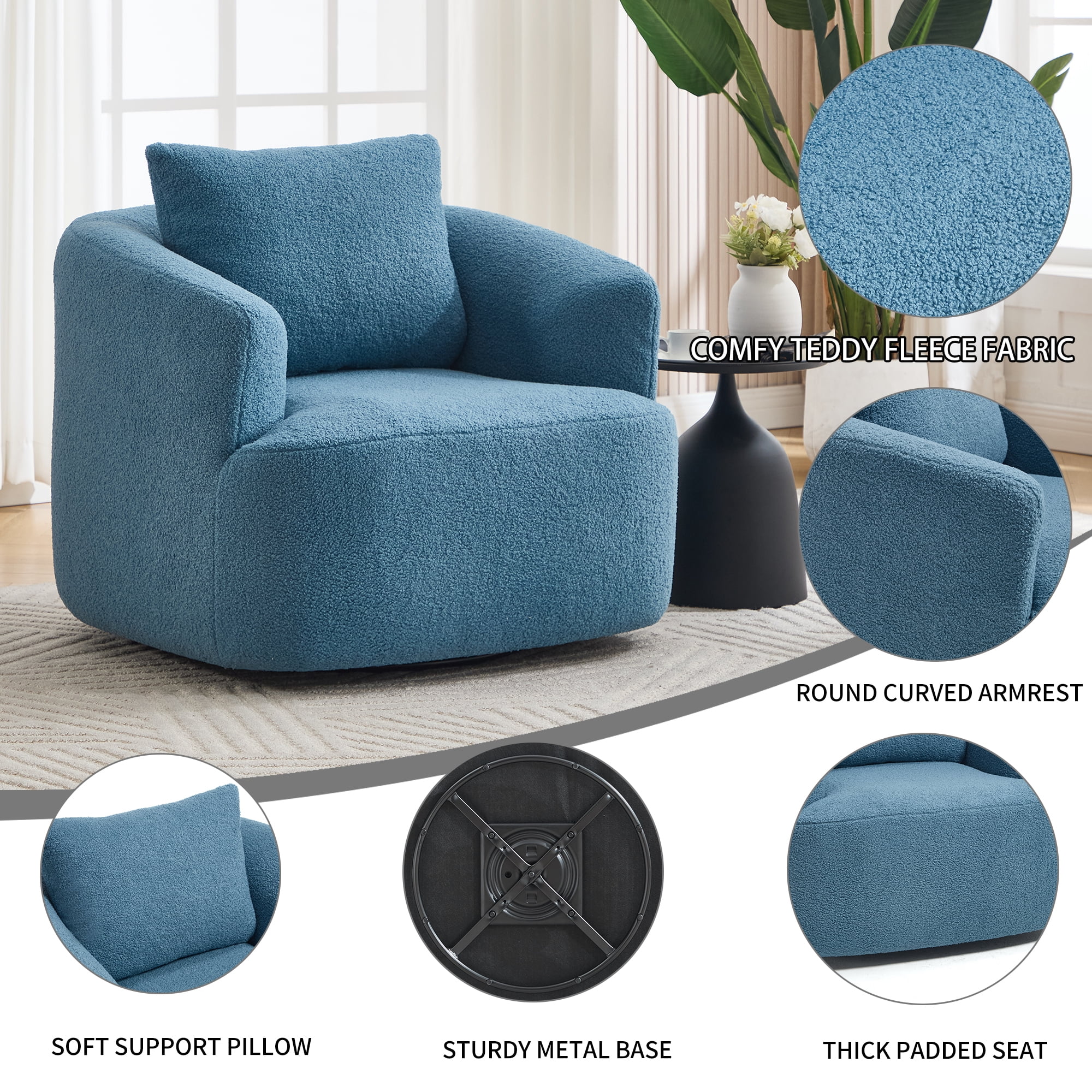 Leumius Swivel Accent Chair,360° Round Upholstered Armchair with One Soft Pillow,Teddy Fleece High-Resilience Sponge Single Sofa for Living Room,Bedroom, Apartment,No Assembly,Blue