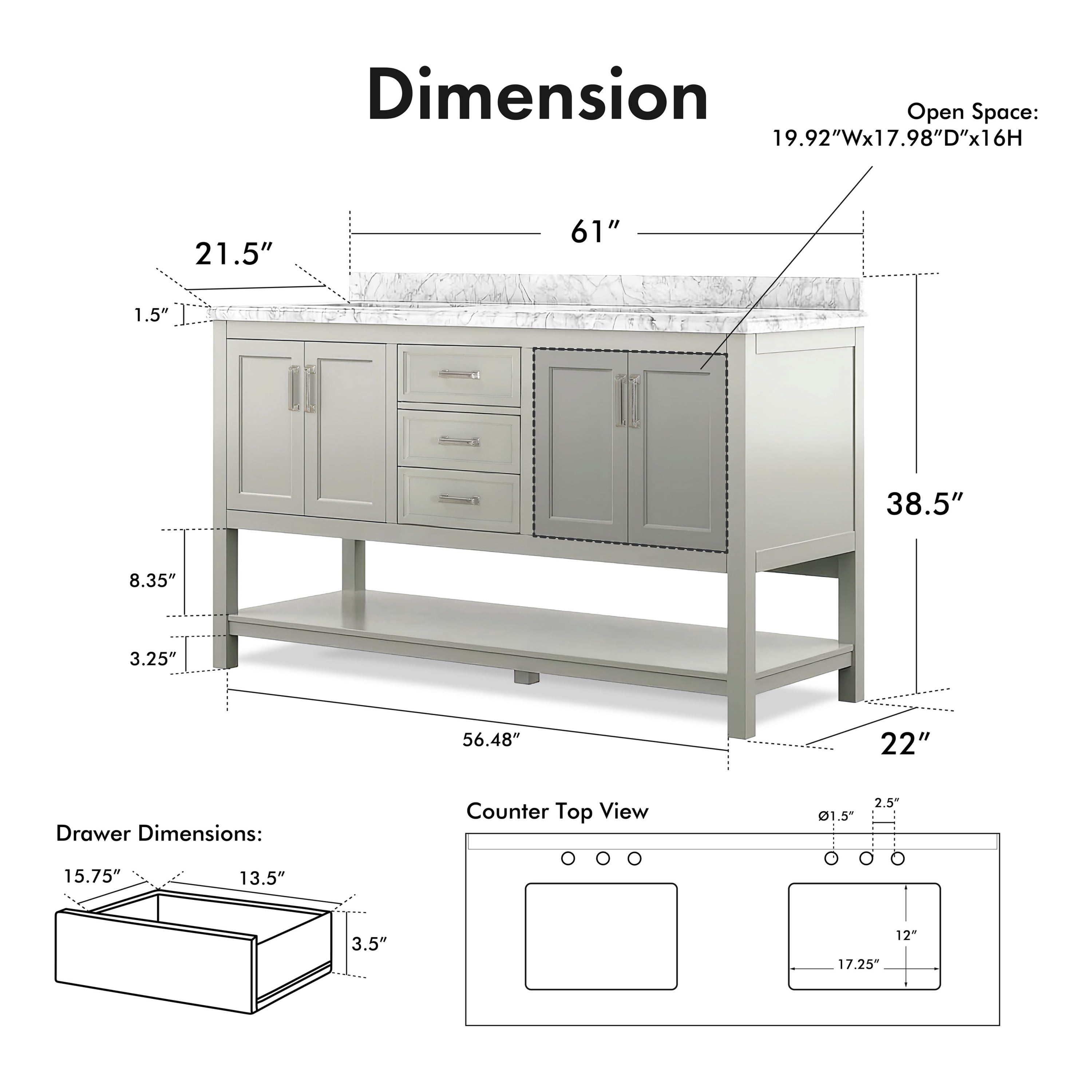 Furniture of America Freya 61" Gray Double Bathroom Vanity with White Carrera Marble Top and Undermount Sink