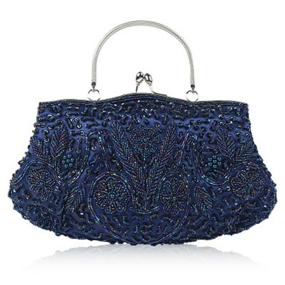 OUYI Floral Beaded Clutch: Handmade Evening Bag with Magnetic Snap & Strap for Women’s Events (Blue)