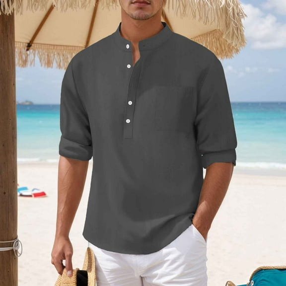 ZZHZGZ 4Th of July Big and Tall Black T Shirts for Men Men's Casual Shirts Slim fit Stand Collar with Chest Pocket for Everyday Wear 4Th of July Linen Clothes for Men Xxl