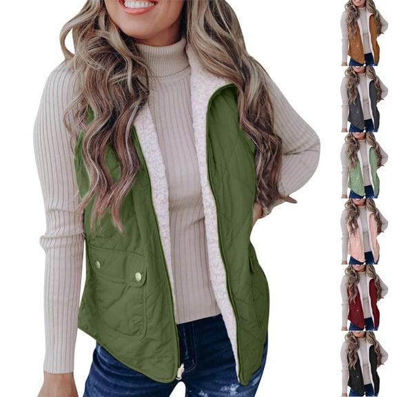 Hvyesh Women Puffer Vest Casual Fleece Lined Stand Collar Sleeveless Jacket Warm Winter Zip Up Waistcoat Sherpa Gilet Outerwear with Pockets