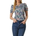 thumbnail image 1 of INSPIRE CHIC Blouse à Manches Courtes Smockée à Volants Col Peter Pan Floral pour Femmes TP Noir Violet, 1 of 6
