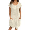 thumbnail image 3 of Laqbezok Women's Cotton Linen Dress, Casual Crew Neck Short Sleeve Loose Sundress with Pockets, Retro Button Henley T-Shirt Dress, 3 of 8