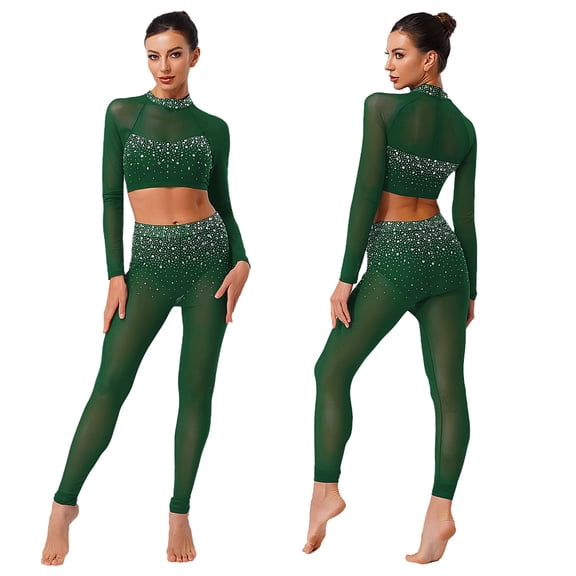 inlzdz Women Sparkle Gymnastics Workout Crop Top with Yoga Leggings 2 Piece Dance Outfit Activewear Dark Green XL