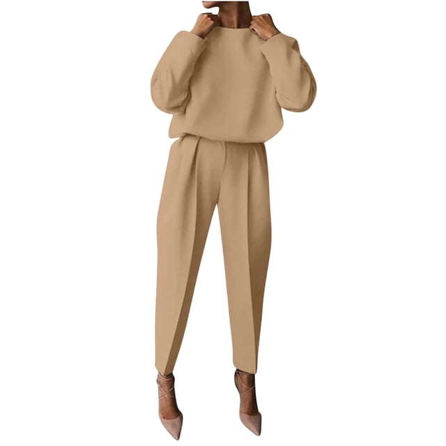Yuyuzo Ensembles 2 Pcs d'Automne pour Femmes Décontractés Unis Survêtements Amples à Manches Longues Chandail Court Pantalon Fuselé Ensembles de Survêtement