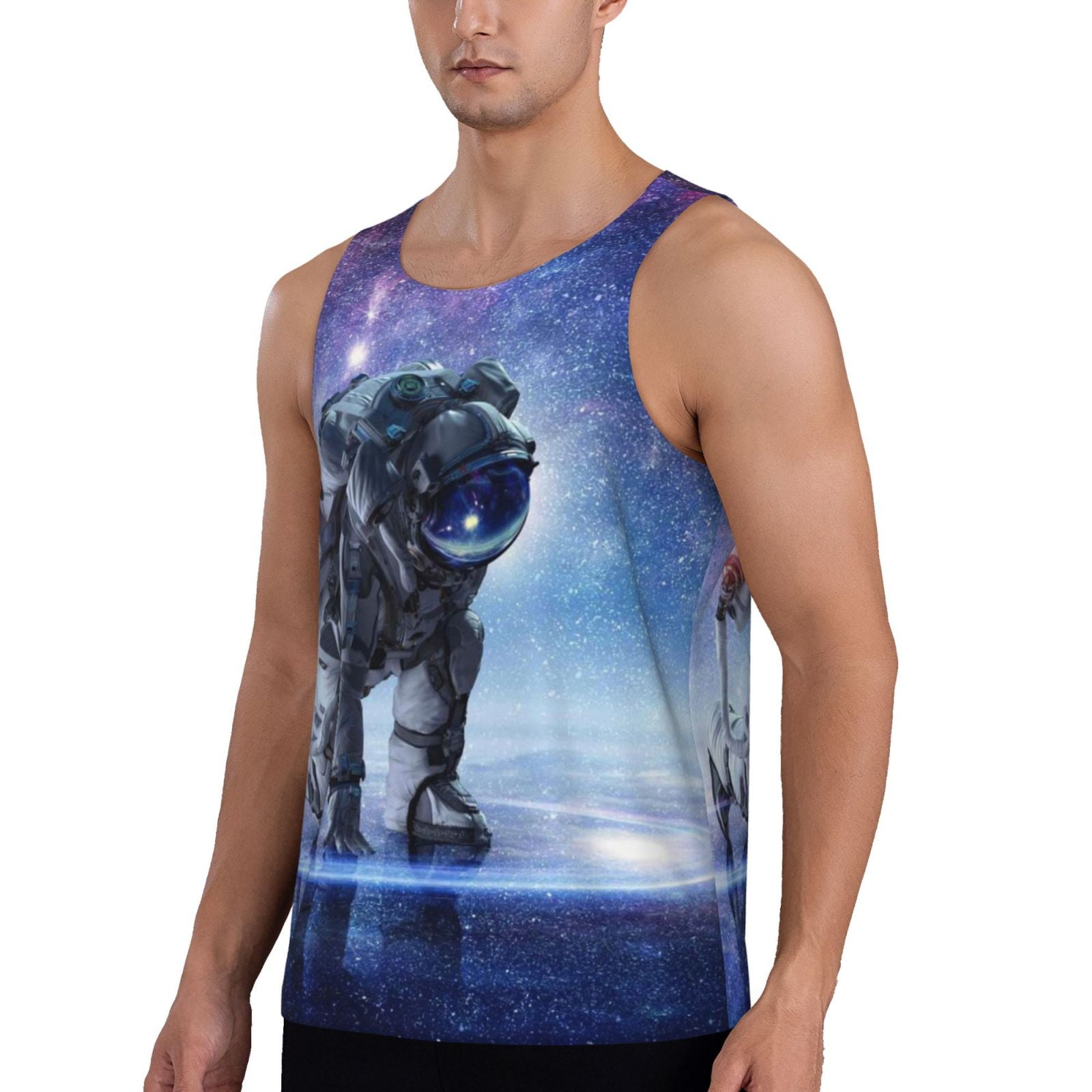 Gukieu Astronauts Start Running Print Men's Quick Dry Fitness Vest, Round Neck Sleeveless Fitness Bodybuilding Top-4X-Large