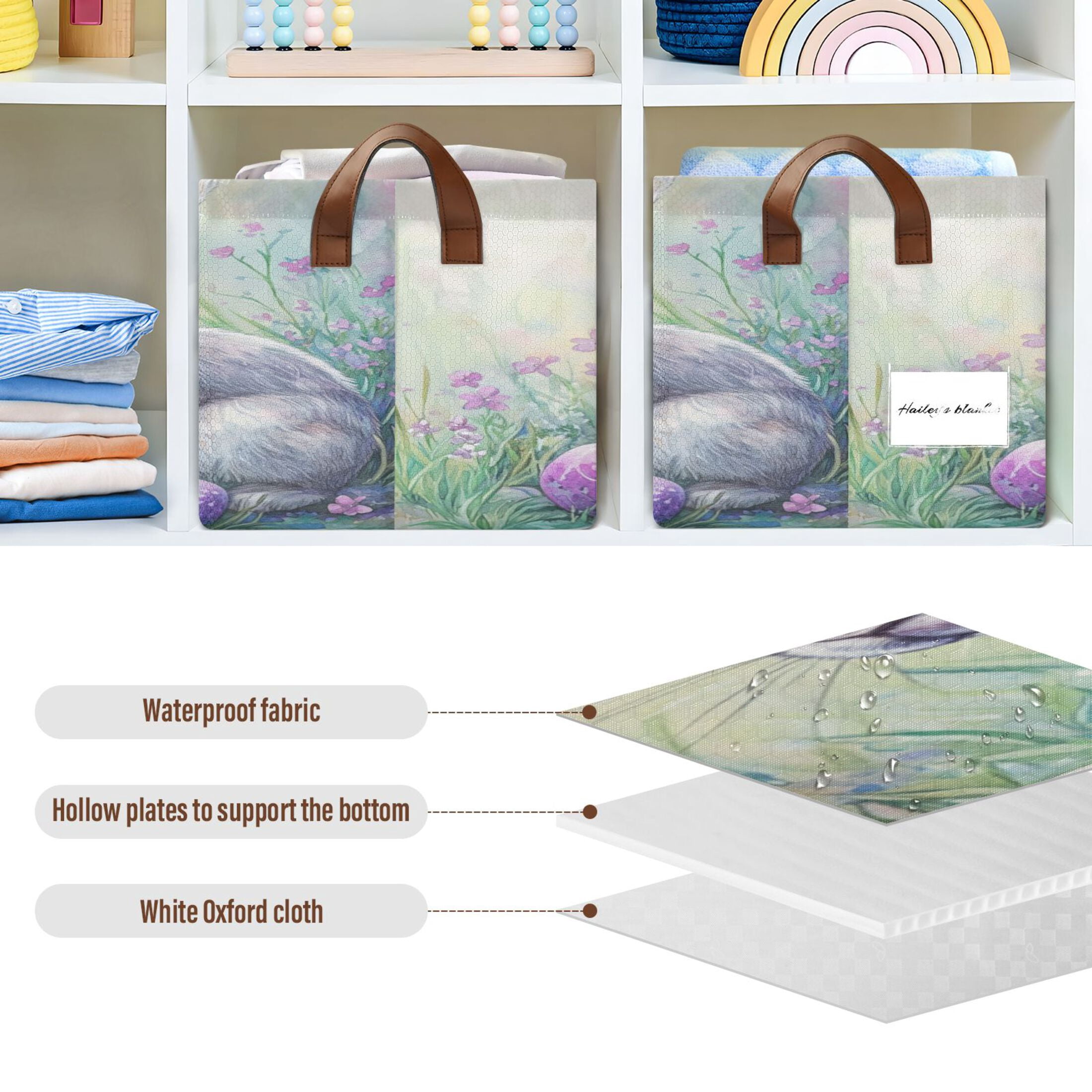 WOBOGO Easter Blue Bunny Storage Basket 16.9×11.4×10in Collapsible Oversized with Metal Iron Frame Set of 1