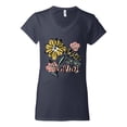 thumbnail image 2 of Wild Bobby Worship While You Wait Sunflower Pink and Yellow Inspirational/Christian Women Standard V-Neck Tee, Navy, X-Large, 2 of 6